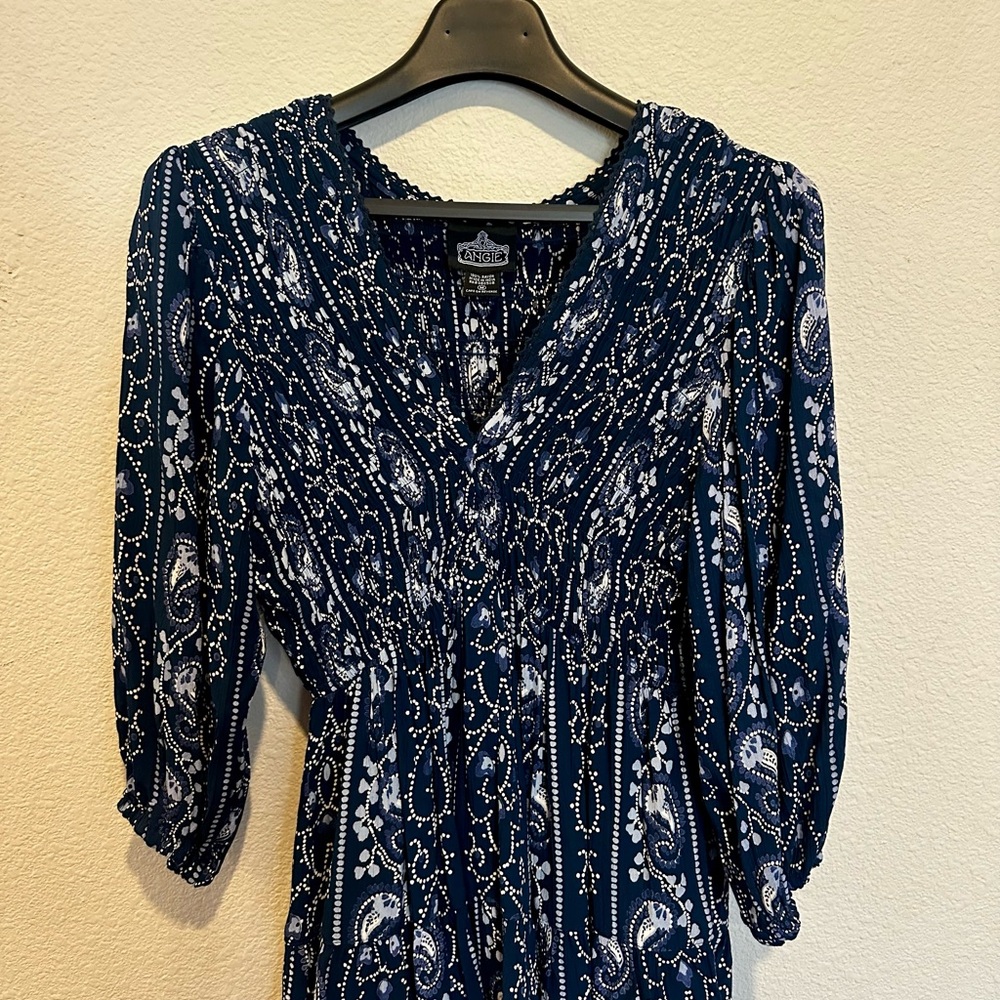 Angie Navy and White Smocked Paisley Blouse